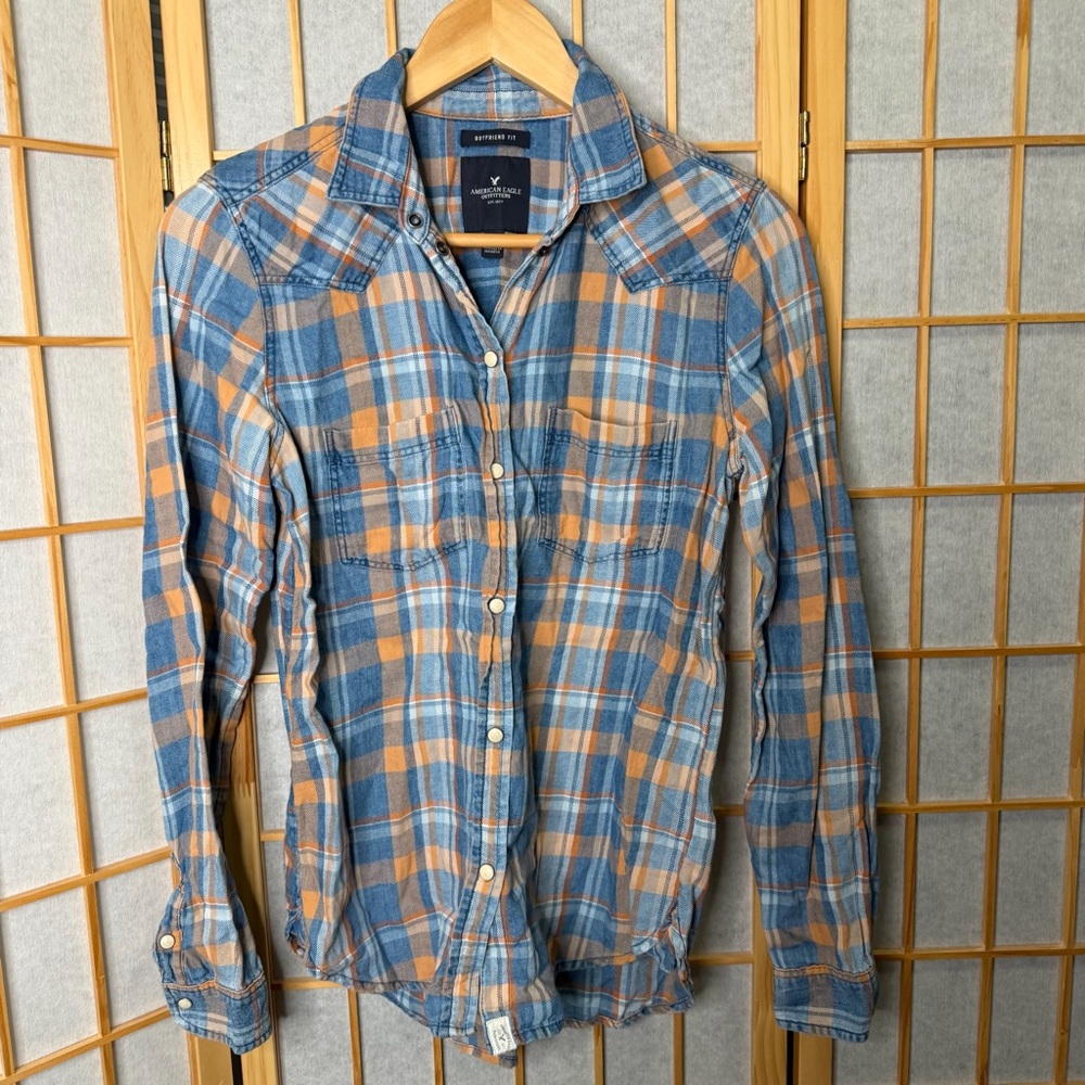 American Eagle Outfitters Blue and Orange Plaid Button-Down Shirt